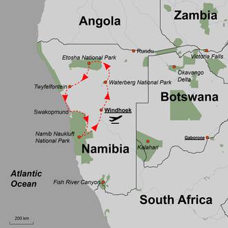Map of Yoga tour in Namibia route